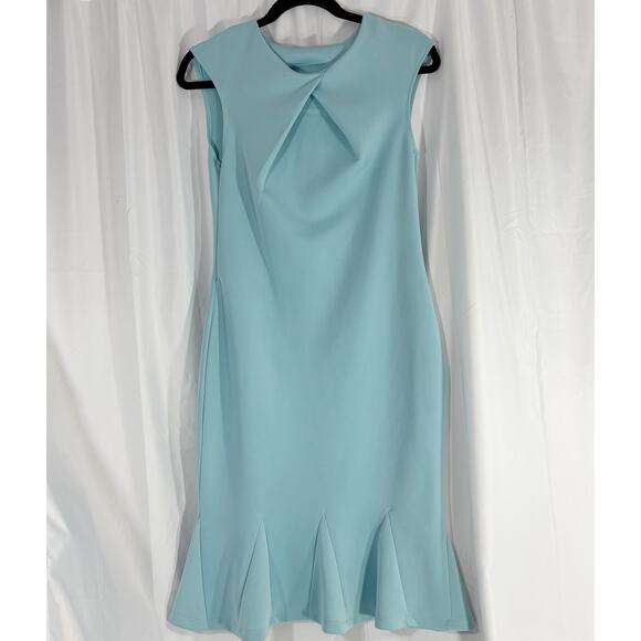 Sleeveless Aqua Blue Sheath Dress – Front Pleat & Flounce Hem, Size M - Picture 1 of 5